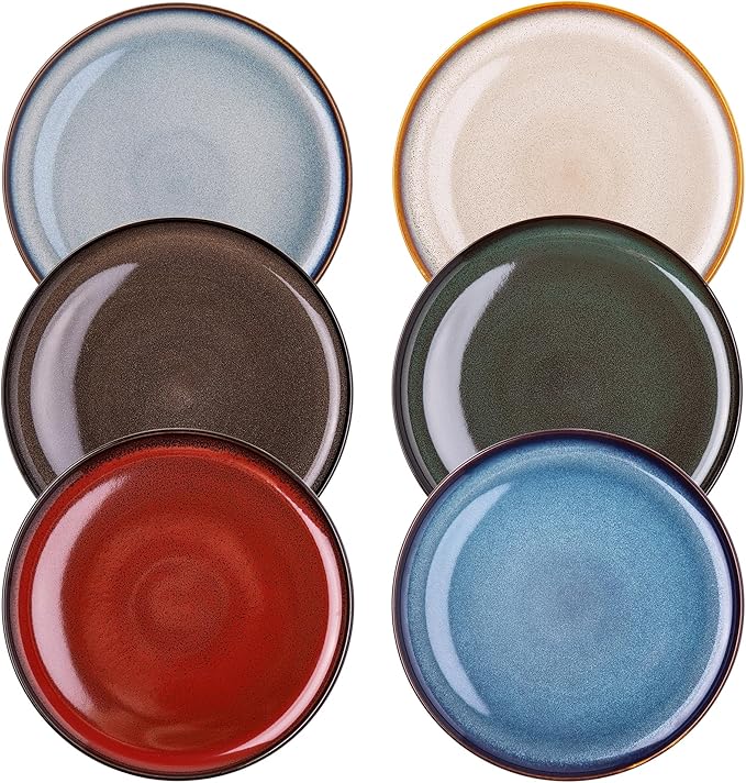 LERATIO Ceramic Plates Set of 6, 10.5 Inch Reactive Glaze Light Weight Porcelain Salad Plates,Modern Shape Dinnerware Dishes Set for Microwave& Dishwasher &Oven Safe,Scratch Resistant-Colorful