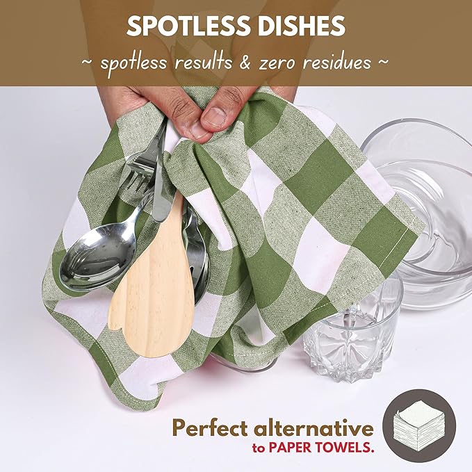 Native Fab Buffalo Check Kitchen Dish Towels, 16"x26", 6 Pack - 100% Cotton Plaid Washcloths - Absorbent Dish Cloths Set, Cleaning Hand Towels with Hanging Loop - Mint Green White