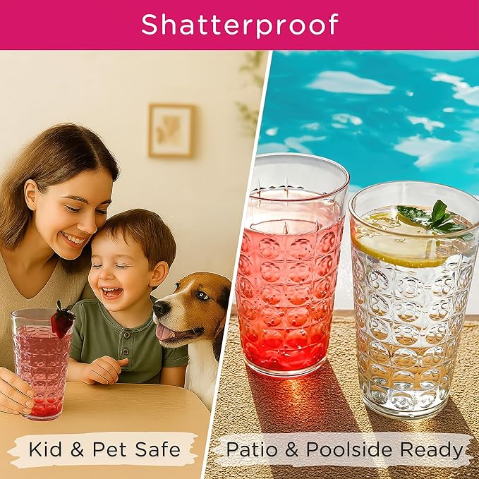 Kate Aspen Clear Plastic Drinking Glasses Set of 8, 19 oz, Hobnail Bubble Acrylic Glasses Drinkware, Plastic Tumblers Cups Dishwasher Safe, BPA-Free Acrylic Cups Reusable for Cocktails and Kitchens