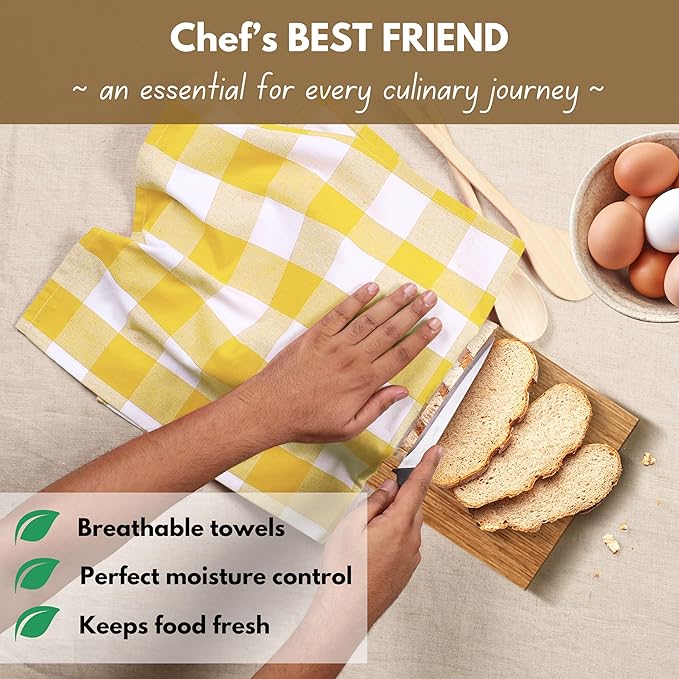 Native Fab Yellow Buffalo Dish Towel 16"x26", Set of 6 - Cotton Plaid Towels, Soft Absorbent Dishcloths with Hanging Loop, Kitchen Towels for Quick Drying - Yellow White