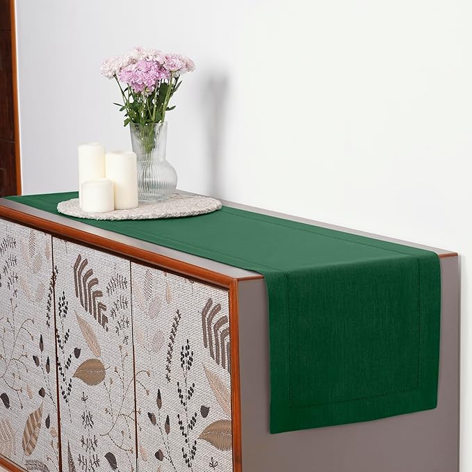 D'Moksha Homes Linen Forest Green Table Runner 90 Inches Long - Classic Hemstitch 100% Pure Linen Dining Table Runner 14 x 90 Inch for Summer, Fall and Halloween