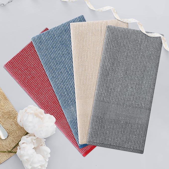Homaxy Premium Kitchen Towels(18”x 28”, 6 Pack), Large Cotton Kitchen Hand Towels, Flat and Terry Dish Towels, 380 GSM Highly Absorbent Tea Towel Set with Hanging Loop, Red/Grey/Khaki