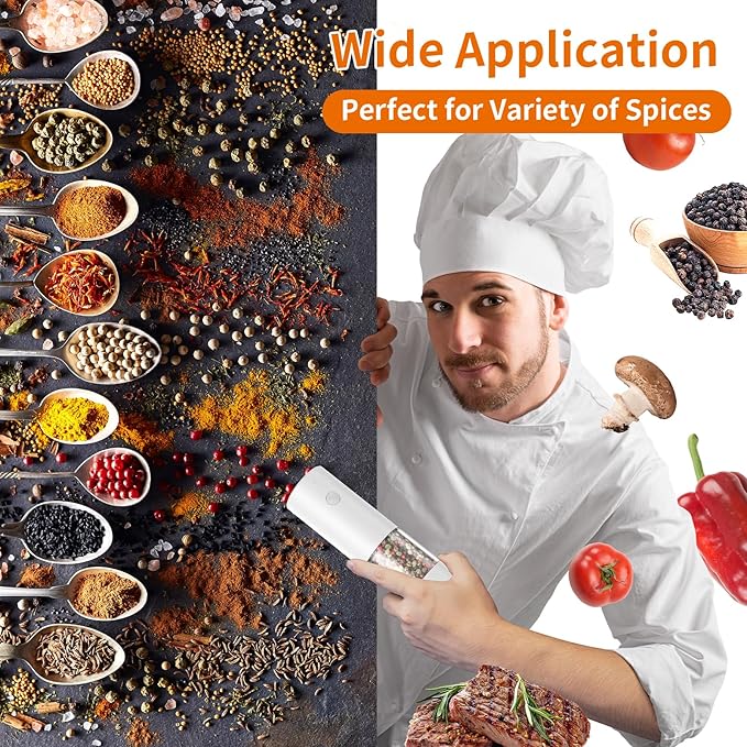 2Pack Electric Salt and Pepper Grinder Set USB Rechargeable with Warm LED Light, Adjustable Coarseness Lidaop Large Capacity Automatic Salt Pepper Mill Grinder for Kitchen, Black and White