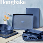 HONGBAKE 9-Piece Baking Pans Set Nonstick, Stackable Non Toxic Bakeware Sets with Diamond Texture, Oven Pan Set for Cooking, Includes Cookie Sheet with Rack, Cake Pan, Roasting Pan, Muffin Tin, Blue