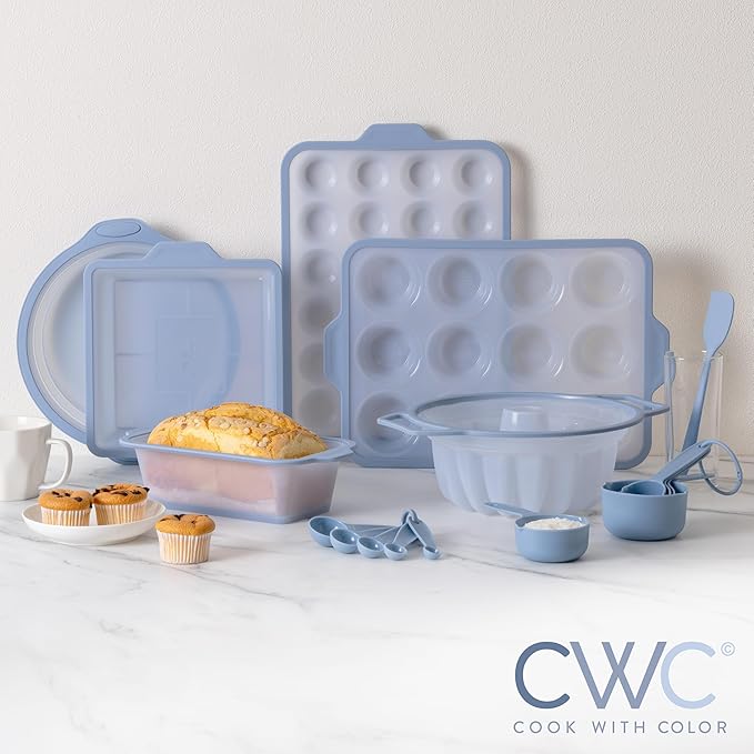 COOK WITH COLOR 17 Pc. Silicone Baking Pan Set - Non-Stick & Easy Clean Silicone Muffin Pans for Baking with Sturdy Metal Frame for Stability, Flexible Cake Molds, Includes Measuring Cups and Spoons