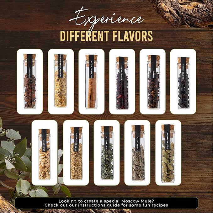 Moscow Mule Kit Gift Set - 2 Copper Mugs - 11 Botanicals - Stainless Steel Shaker & Jigger - Mudder - Recipe Book - Moscow Mule Cocktail Kit - Basket Gifts for Women - Unique Accessories for Infusion