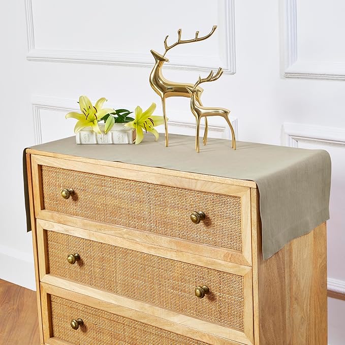 Solino Home Linen Table Runner 36 Inches - 100% Pure Linen Vintage Khaki Table Runner 14 x 36 Inch Ideal for Dresser and Coffee Tables - Summer, Fall, Autumn - Fete