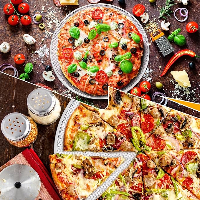 Nuogo 5 Pcs 18 Inch Pizza Pan with Holes Aluminum Mesh Pizza Screen Seamless Round Tray for Oven Nonstick Baking Sheet for Kitchen Bakery Restaurant BBQ Party Cookware Supplies