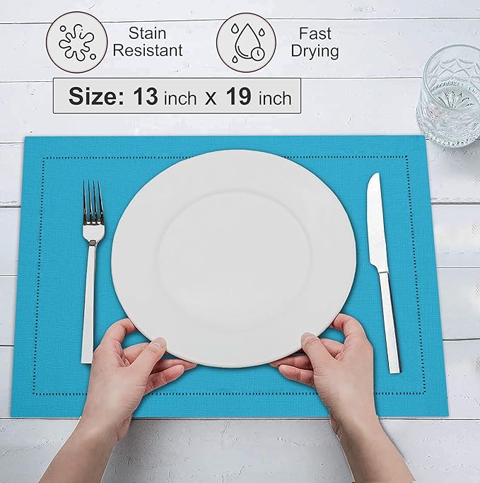 Ruvanti Linen Placemats Set of 6-13x19 Inch, Classic Hemstitch, Heat ‎Resistant Machine Washable Place Mats, Soft & Elegant- Perfect for Christmas, ‎Thanksgiving, Easter, Weddings, Dinner - Blue