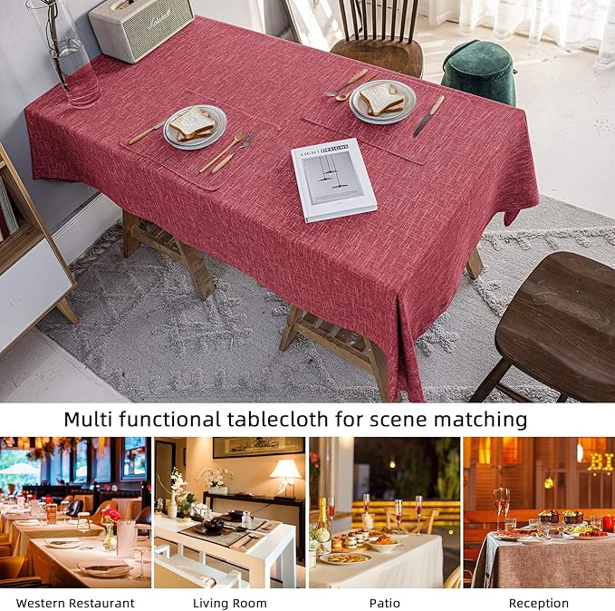 Waterproof Cotton Linen Tablecloths Rectangle Dining Table Cloth, Wipe Clean Indoor & Outdoor Table Cover for Buffet Party, Holiday Dinners and Banquets, Wrinkle Resistant（54"x102"） Wine