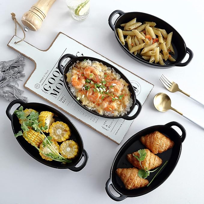 Bruntmor 8" x 5" Oval Porcelain Ceramic Deep Dish Pie Pan Set of 4, Double Handle Au Gratin Baking Dishes, Oven Safe Roasting Lasagna Pan For kitchen- Black