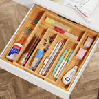 BAMEOS Bamboo Expandable Drawer Organizer, 5-7 Slots Kitchen Drawer Organizer, Adjustable Cutlery Tray for Utensils, Silverware & Flatware (Natural)
