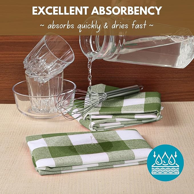 Native Fab Buffalo Check Kitchen Dish Towels, 16"x26", 12 Pack - 100% Cotton Plaid Washcloths - Absorbent Dish Cloths Set, Cleaning Hand Towels with Hanging Loop - Mini Green White