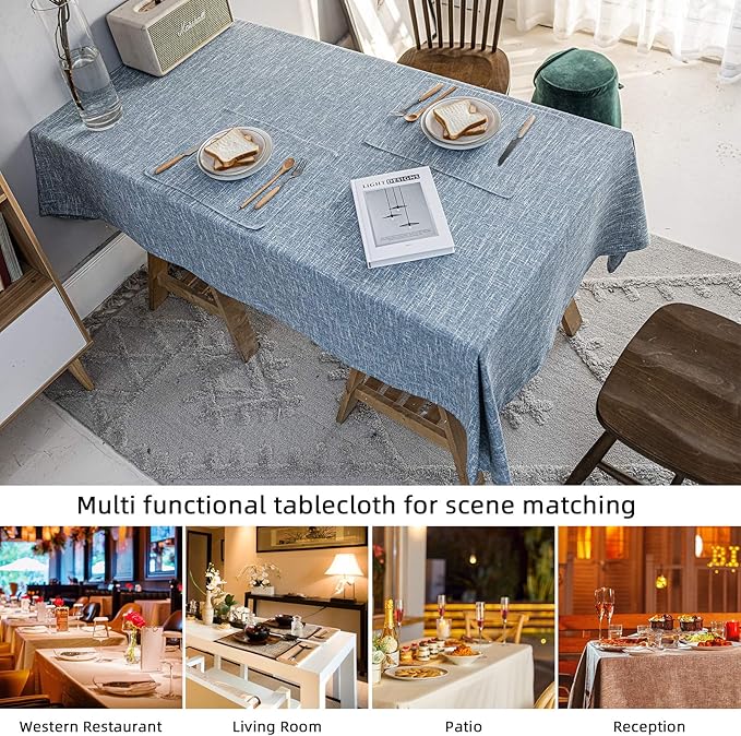 Waterproof Cotton Linen Tablecloths Round Dining Table Cloth, Wipe Clean Indoor & Outdoor Table Cover for Buffet Party and Banquets, Wrinkle Resistant（54" Diameter） Dirty Blue