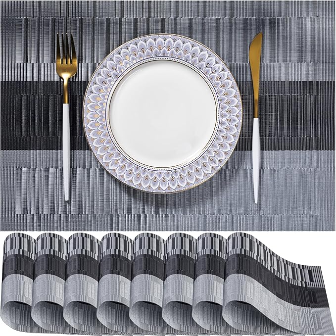 LEXMORE PVC Woven Placemats 8 PCS Wipeable Indoor/Outdoor Table Mats Washable Vinyl Place Mats for Dining Table, Set of 8-Silver Gray Black