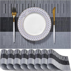 LEXMORE PVC Woven Placemats 8 PCS Wipeable Indoor/Outdoor Table Mats Washable Vinyl Place Mats for Dining Table, Set of 8-Silver Gray Black