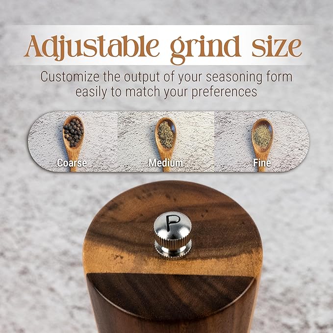 Acacia Wood Salt & Pepper Grinder Set – 8" Manual Adjustable Mills – Wooden Pepper Mill Gift Set with Funnel, Spoon & Brush – Eco-Friendly Kitchen Spice Grinder