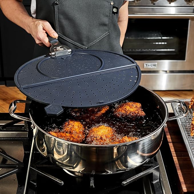 HexClad Grease Splatter Screen for Frying and Searing, Fits HexClad’s 10 and 12-inch Pans, Dishwasher-Safe, Folding Design, Heat-Safe to 480°F, Stay-Cool Locking Handle, Silicone and Stainless Steel