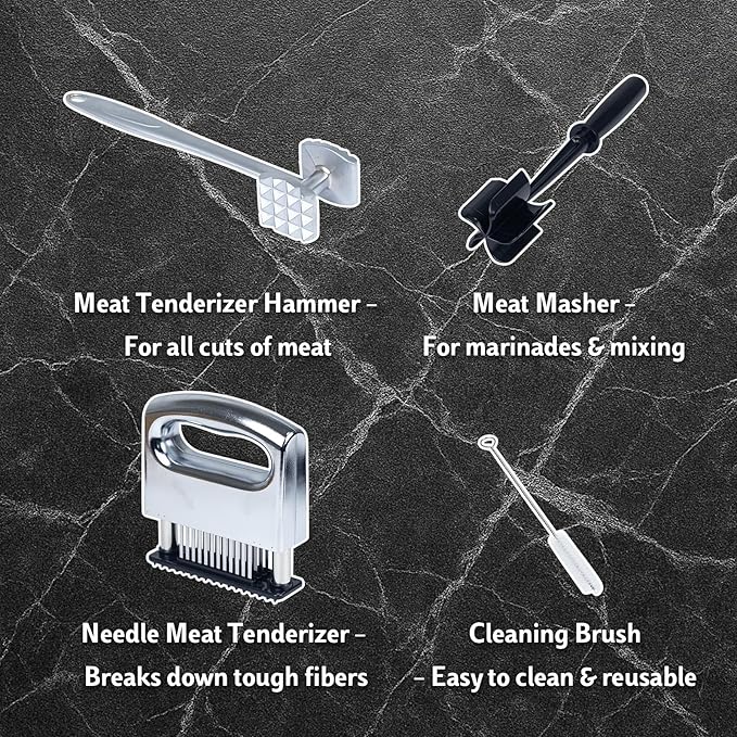 4-Piece Meat Tenderizer Tool – Includes Textured Meat Tenderizer Hammer, Stainless Steel Needle Tenderizer, ABS Mixing Stick & Cleaning Brush – 4-Piece Duty Kitchen Accessories for Steak & Chicken