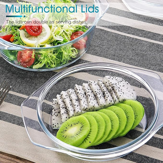 NUTRIUPS Small Round Glass Casserole Dish with lid,1.5 L glass bowl with glass lid, Microwave and Oven Safe