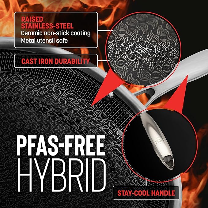 Hell's Kitchen Hybrid 2.5 Qt Saucepan and lid, Tri-Clad Stainless Steel and Nonstick Ceramic, PFAS Free, no PFOA, no PTFE, no Teflon, Non Toxic Cookware, Metal Utensil Safe, All Cooktops and Oven Safe