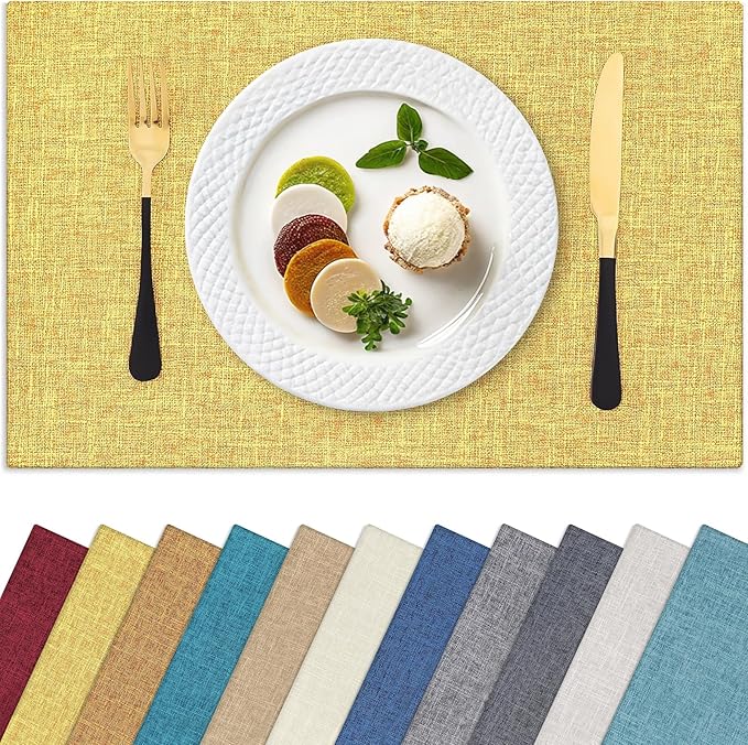 Homaxy Cloths Placemats for Dining Table Set of 4, Heat Resistant Washable Cotton Linen Blend Table Mats, Ideal for Kitchen Party Dining Decoration, 13" x 19", Mustard Yellow