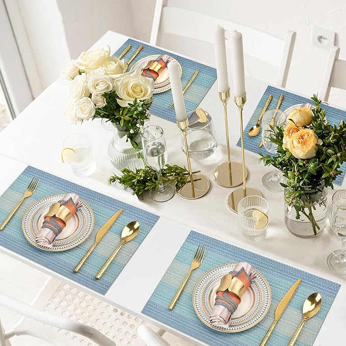 Placemats Set of 4 - Easy Clean Washable Vinyl Placemats - Wipeable Heat Resistant Table Mats for Dining Table - 17.7x11.8 Inch (4, Blue Gradient)