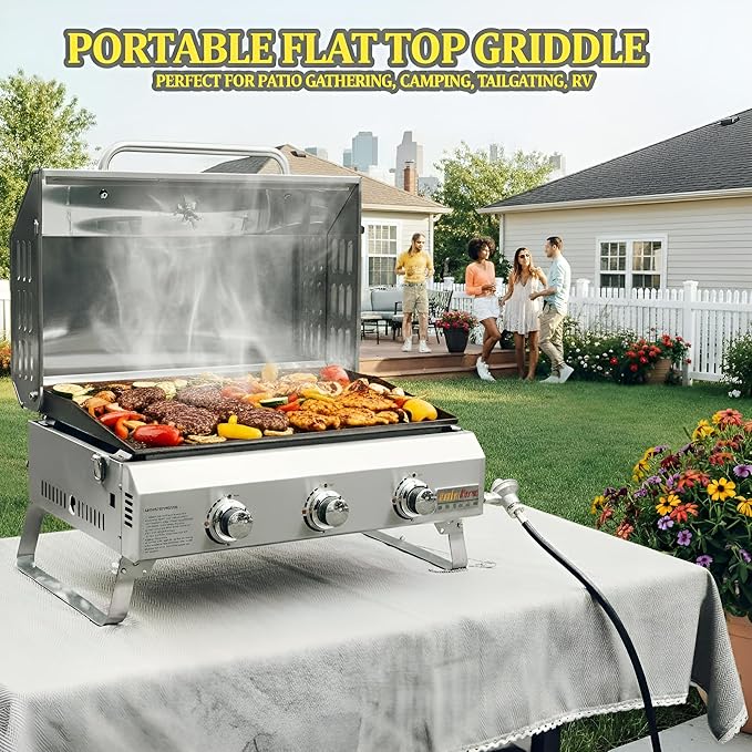 Tabletop Gas Griddle with Foldable Legs, Portable 3-Burner Propane Gas Grill Griddle Flat Top for Outdoor Cooking Patio Barbecue Camping Tailgating RV BBQ, Stainless Steel, #GS309