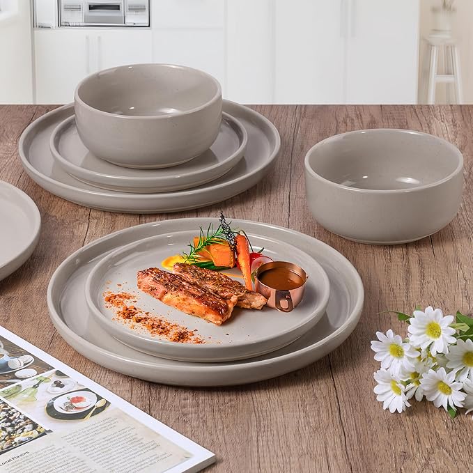 HaWare Stoneware Dinnerware Sets, 6-Piece Plates and Bowls Set for 2, Dishes Set for Home Restaurant, Speckled Cream Coffee