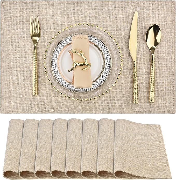 Beige Cloth Placemats Set of 8 - Double Thickened Easy to Clean Linen Style Fabric Placemats - Machine Washable Placemats - Heat Resistant Non-Slip Table Mats (Beige, 8)
