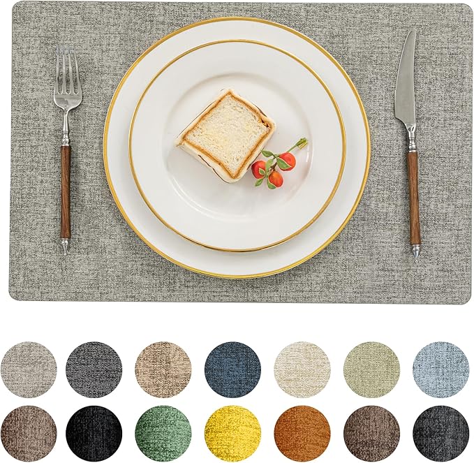 Romanstile Vinyl Placemats Set of 6-12 X 18 Inch - Heat Resistant Place Mats 100% Waterproof Oilproof Wipeable Reversible Faux Leather Table Mats for Kitchen/Dining/Party/Outdoor, Light Grey