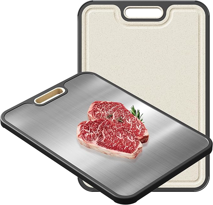 Stainless Steel Cutting Board, Double Sided Steel Cutting Boards for Kitchen, Stainless Steel/Wheat Straw Food-Grade Large Board for Meat, Non Toxic Cutting Board 15”×10“