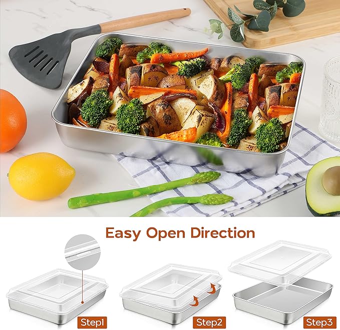 9¾ x 12½ x 2 Inch Baking Pans Set, Stainless Steel Retangle Sheet Cake Lasagna Pan with Lid, Deep & Non Toxic, Set of 4