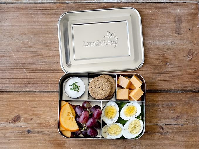 LunchBots Large Cinco Stainless Steel Lunch Container - Five Section Design Holds a Variety of Foods - Metal Bento Box - Dishwasher Safe - Stainless Lid
