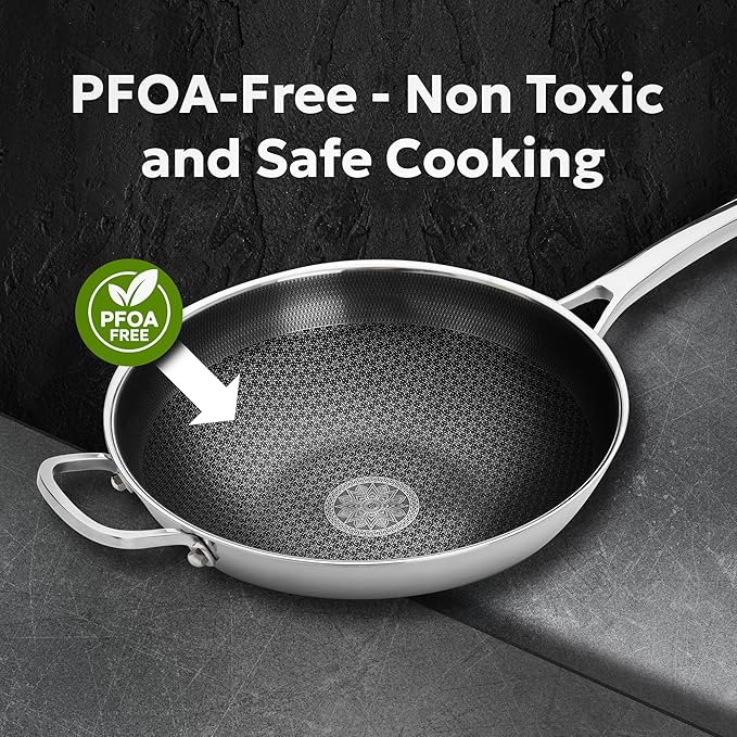 Hybrid Wok Pan, Nonstick, PFOA Free 12 Inch Induction Wok With Lid, Dishwasher Safe Cooking Pan For All Cooktops, Stainless Steel Cookware, Woks & Stir-Fry Pans, Bonus Bamboo Dish Brush