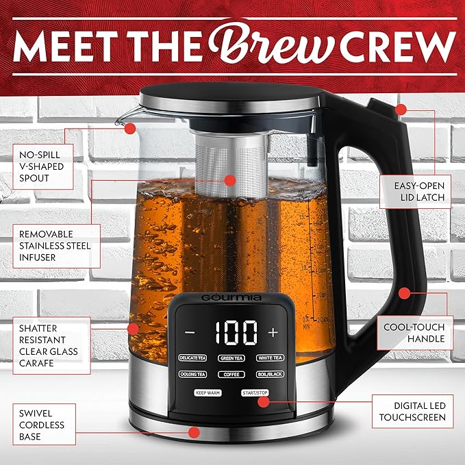 Gourmia Electric Programmable Glass Kettle – 1.7L Temperature Control Tea & Coffee Kettle with Digital Touch Display, 6 Presets, Keep Warm, Removable Stainless Steel Infuser, 360° Swivel Base – Red