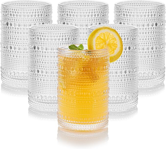 15 oz Clear Hobnail Drinking Glasses with Straws Set of 6, Vintage Glassware Old Fashioned Beverage Glasses, Cocktail Drinking Glassware Set, Kitchen Water Glasses Cup, for Beer, Smoothie, Juice