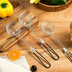 Geiserailie 8 Pieces 6 Pieces Hot Pot Kit Strainer Scoops Stainless Steel 2.5 Inch Mini Spider Strainer Skimmer Pasta Mesh Spoon Asian Skimmer Spoon Ladle with Handle for Home (Black)