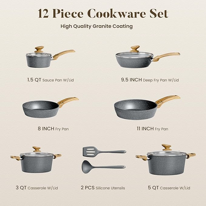 Kitchen Academy Induction Cookware Sets - 12 Piece Gray Cooking Pan Set, Granite Nonstick Pots and Pans Set