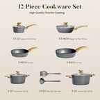 Kitchen Academy Induction Cookware Sets - 12 Piece Gray Cooking Pan Set, Granite Nonstick Pots and Pans Set