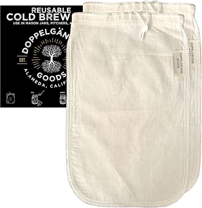 (2-Pack, Medium 8in x 12in) Organic Cotton Cold Brew Coffee Bag - Designed in California - Reusable Coffee Filter with EasyOpen Drawstring Cold Brew Maker for Pitchers, Mason Jars, & Toddy Systems