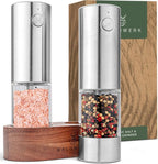 WALDWERK Electric Salt and Pepper Grinder Set (300 mAh Rechargeable Battery) - Salt and Pepper Shakers with Elegant Acacia Wood Stand – Rechargeable Automatic Salt and Pepper Grinder Set