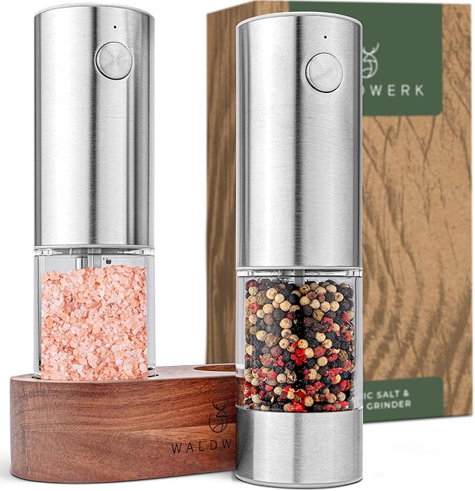 WALDWERK Electric Salt and Pepper Grinder Set (300 mAh Rechargeable Battery) - Salt and Pepper Shakers with Elegant Acacia Wood Stand – Rechargeable Automatic Salt and Pepper Grinder Set