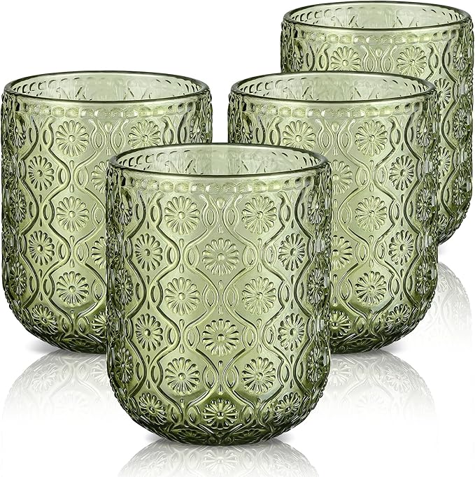 Joeyan Small Green Drinking Glasses,Vintage Embossed Floral Water Glass Tumbler Cups,Colored Beverages Cocktail Juice Wine Glassware,9 oz,Set of 4,Dishwasher Safe
