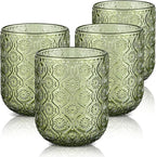 Joeyan Small Green Drinking Glasses,Vintage Embossed Floral Water Glass Tumbler Cups,Colored Beverages Cocktail Juice Wine Glassware,9 oz,Set of 4,Dishwasher Safe