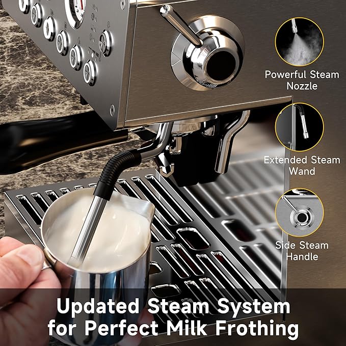 Espresso Machine with Grinder, 20Bar Espresso Machine Stainless Steel, Coffee Machine with Milk Frother for Latte/Cappuccino, Adjustable Temperature, Independent Hot Water & Americano Function