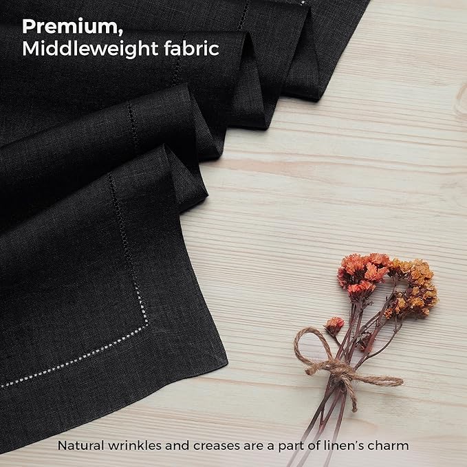 D'Moksha Homes Linen Black Table Runner 48 Inches - Classic Hemstitch, 100% Pure Linen Coffee Table Runner 14 x 48 Inch Ideal for Dresser Tables - Summer, Fall and Halloween