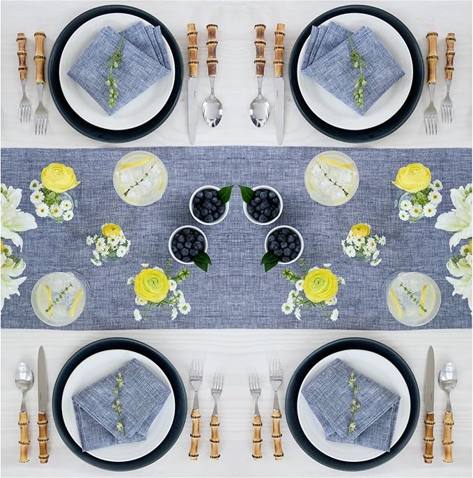 Solino Home Linen Small Table Runner 36 Inches - Athena, 100% Pure Linen Chambray Indigo Table Runner 14 x 36 Inch Ideal for Dresser and Coffee Tables - Summer