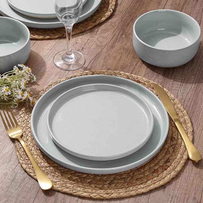 HaWare Stoneware Dinnerware Sets, 24-Piece Plates and Bowls Set for 8, Dishes Set for Home Restaurant, Speckled Misty Grey