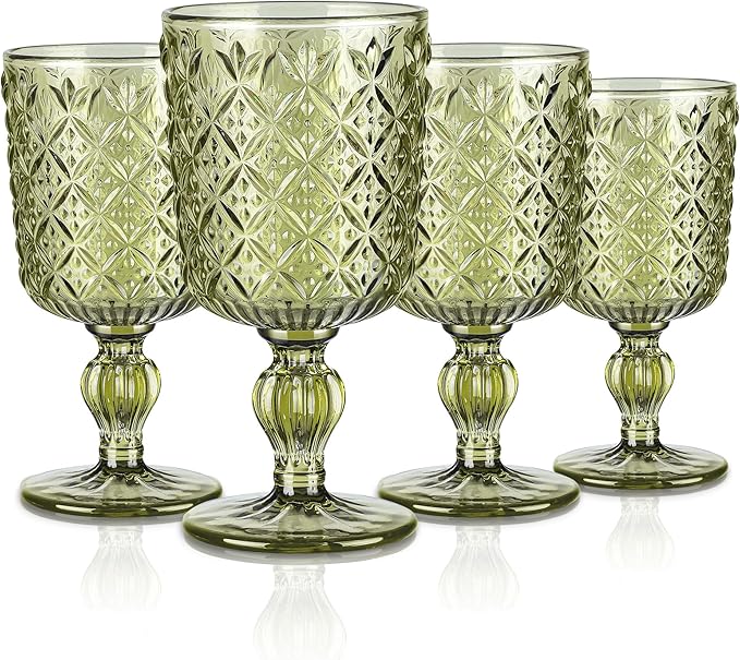 Joeyan Green Vintage Wine Glasses,Water Goblet Glasses,Stemmed Drinking Glasses with Embossed Pattern,Colored Glassware for Wedding Party Banquet Feast,10 oz,Set of 4,Dishwasher Safe